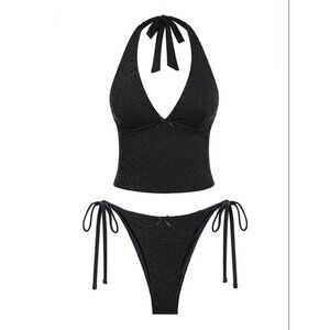 Seamoly Black X-Small Eyelet Jacquard Textured Bowknot Decor Halter Tankini NEW!